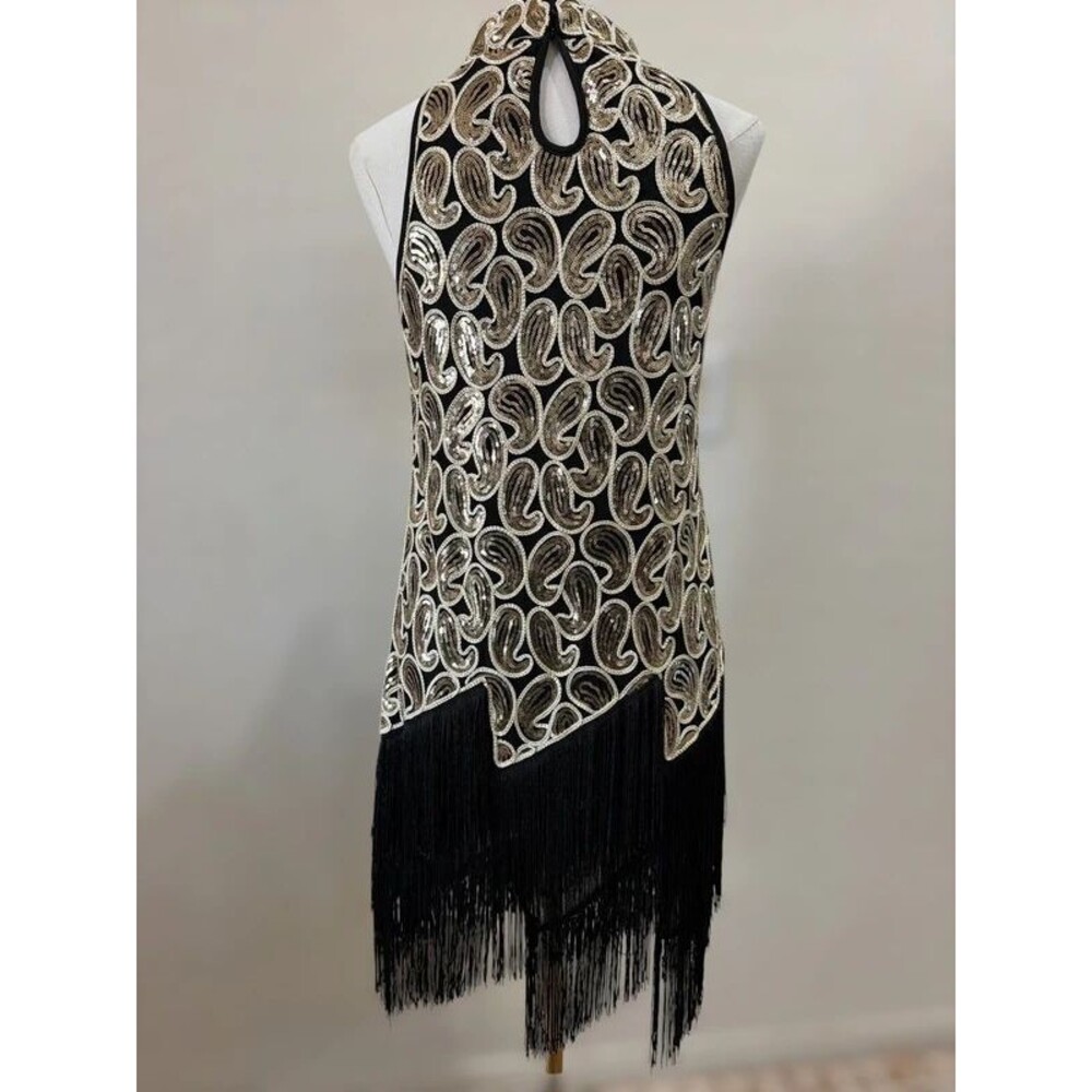 Black Gold Sequin Paisley Fringe Halter Dress Gatsby Flapper Y2K